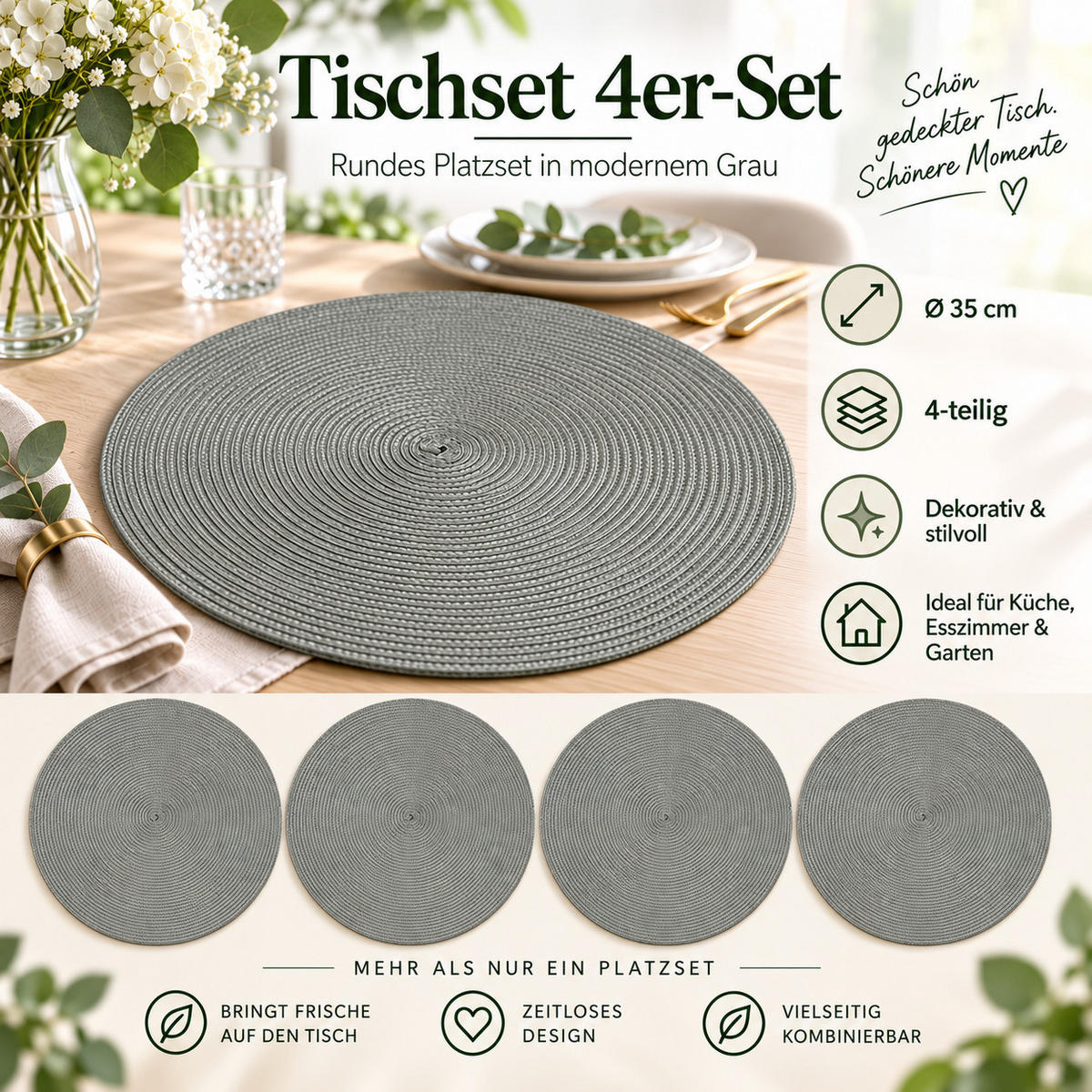 PLATZSET 4er Set Polypro Grau 35 cm rund - Grau, Kunststoff (35cm) - TiborTex