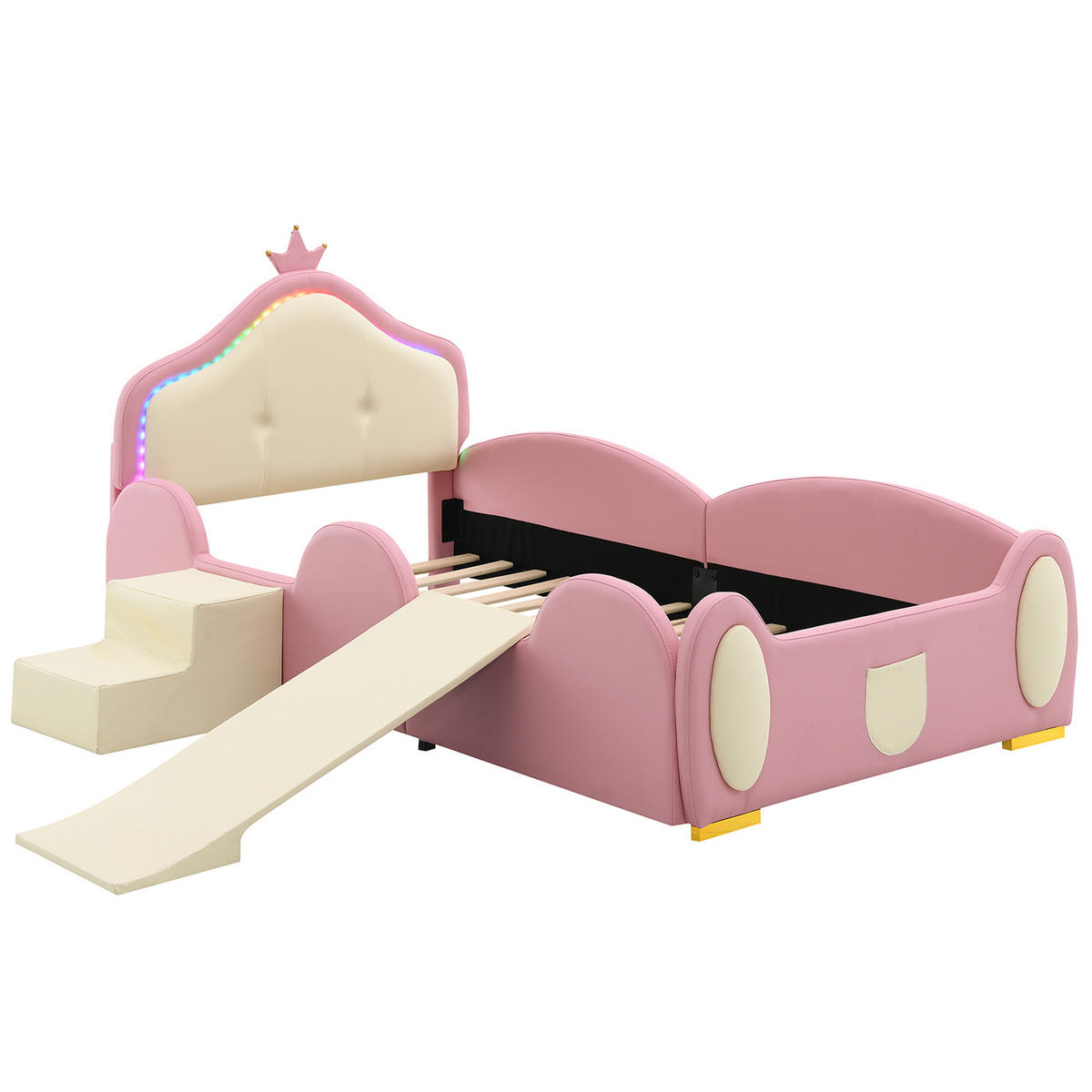 KINDERBETT 90/200 cm Crown Cartoon Rosa mit Rutsche und LED-Beleuchtung aus PU - Rosa, Kunststoff (90/200cm) - OKWISH