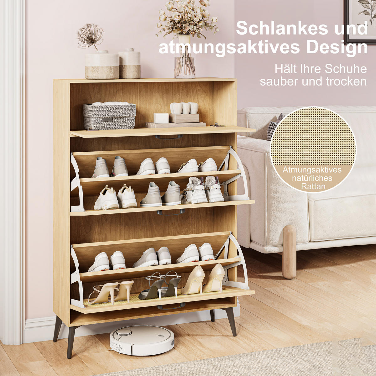 SCHUHSCHRANK Eichenoptik mit Rattanfronten & Schublade - Nussbaumfarben, Holzwerkstoff (24/114/80cm) - SHOPENTRA