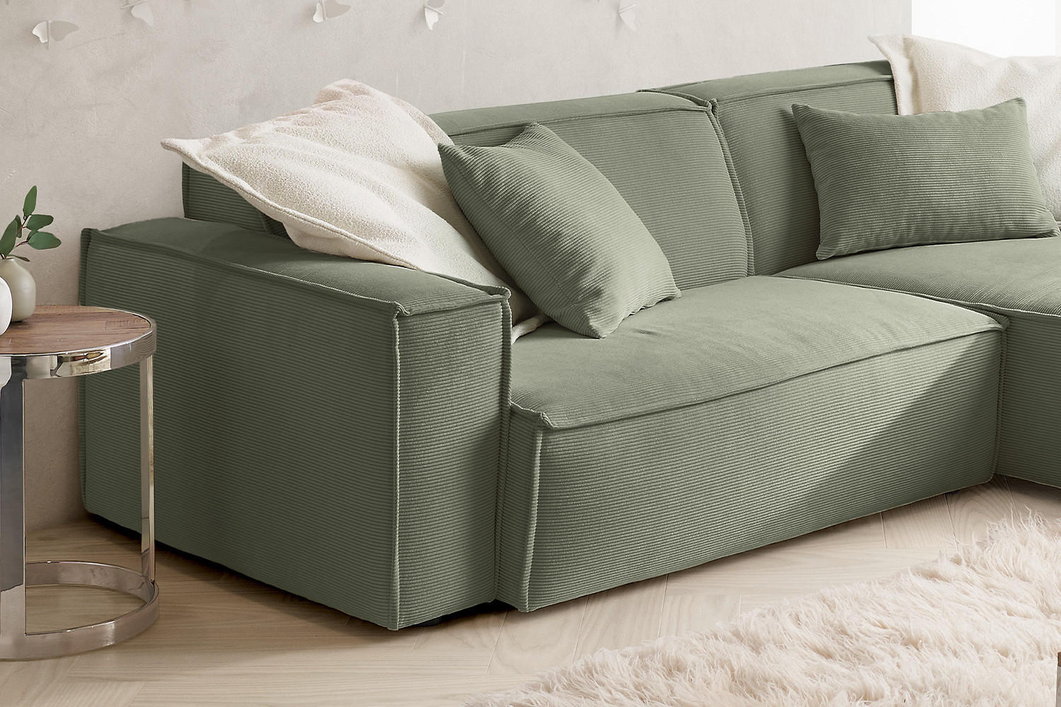 ECKSOFA SAMU Hellgrün Cord - Schwarz/Hellgrün, Textil (276/168cm) - KAWOLA