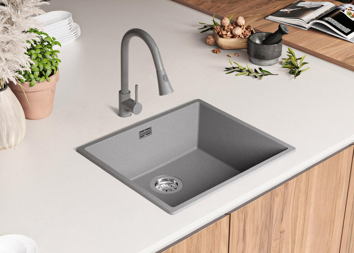 SPÜLBECKEN London Slim, 2-er set Grau 56/47 cm 1 Becken + Ablauf-Set ab 60er Unterschrank - Chromfarben/Grau, Kunststoff (56/20/47cm) - Primagran