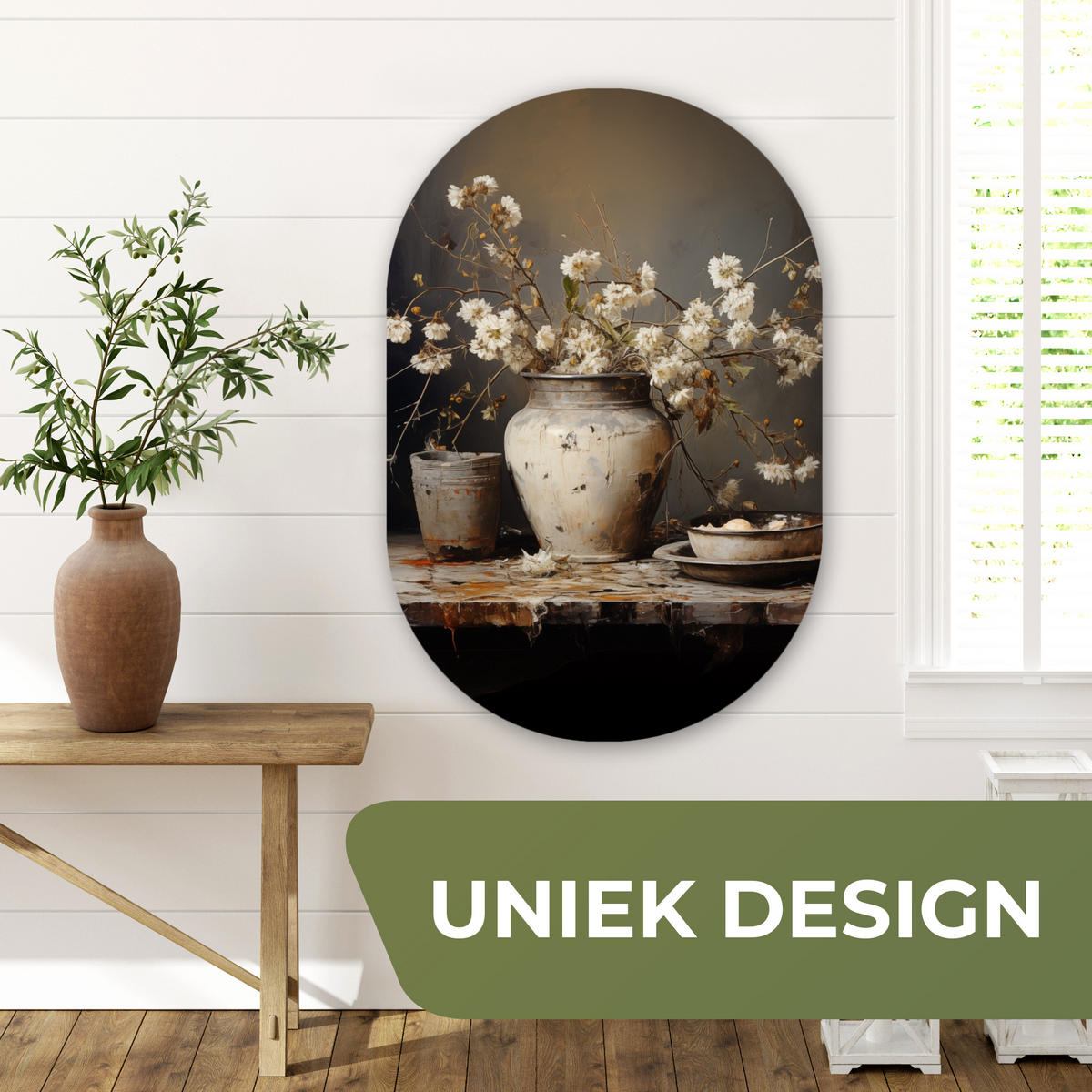 WANDBILD Stilleben - Blumen - Blumenstrauß - Vase - Wein Wanddeko Schlafzimmer 60x90 cm - Ecru, Kunststoff (60/90cm) - MuchoWow