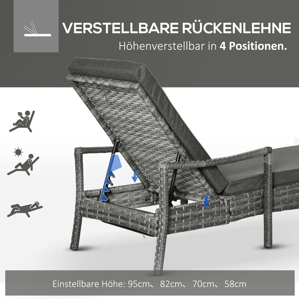 SONNENLIEGE Polyrattan, Grau - Grau, Metall (72/52.5/192cm) - Outsunny