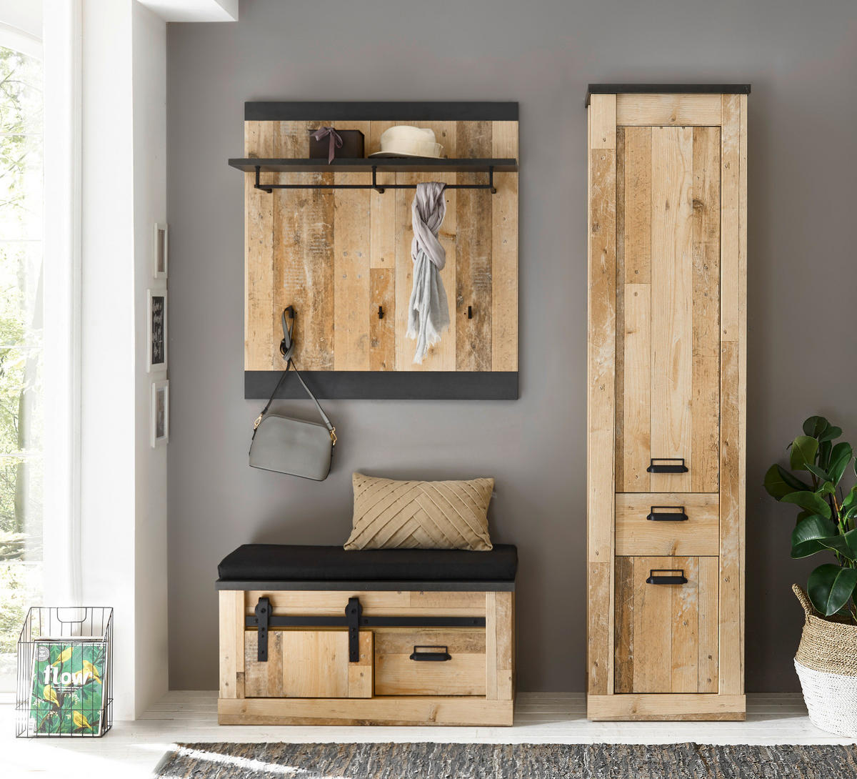 GARDEROBE Set 4-tlg. Used Wood Vintage 164 x 200 cm, mit Schiebetür und Soft-Close - Anthrazit/Schwarz, Holzwerkstoff/Metall (164/201/43cm) - Furn.Design