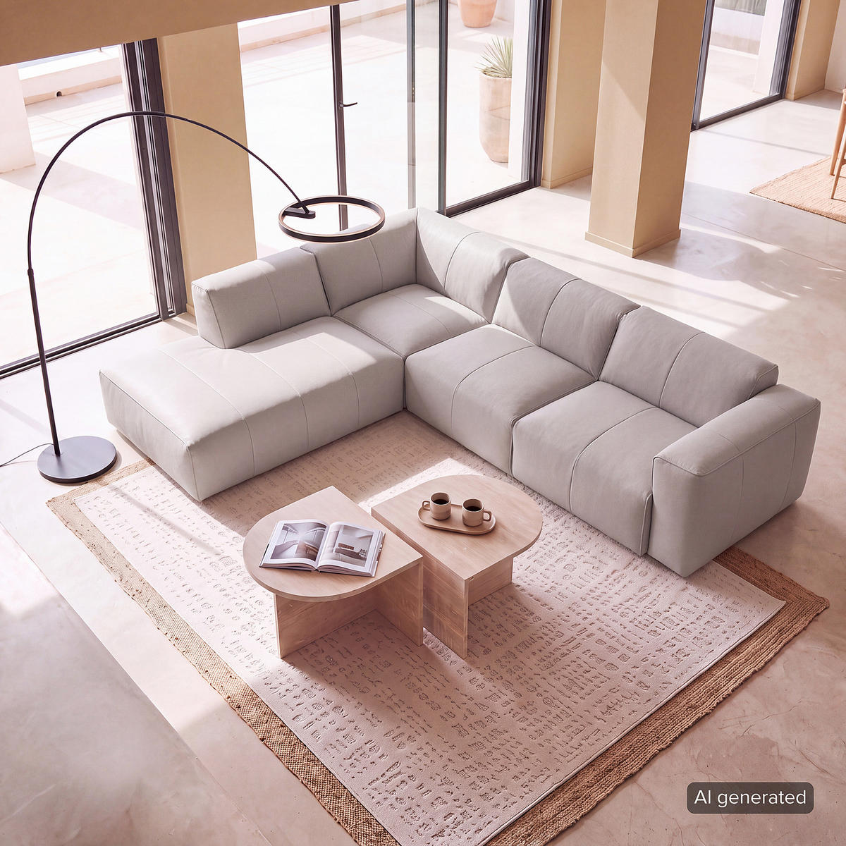 3-SITZER ECKSOFA mit Recamiere - Hellgrau/Schwarz, Leder/Kunststoff (295/231cm) - home24