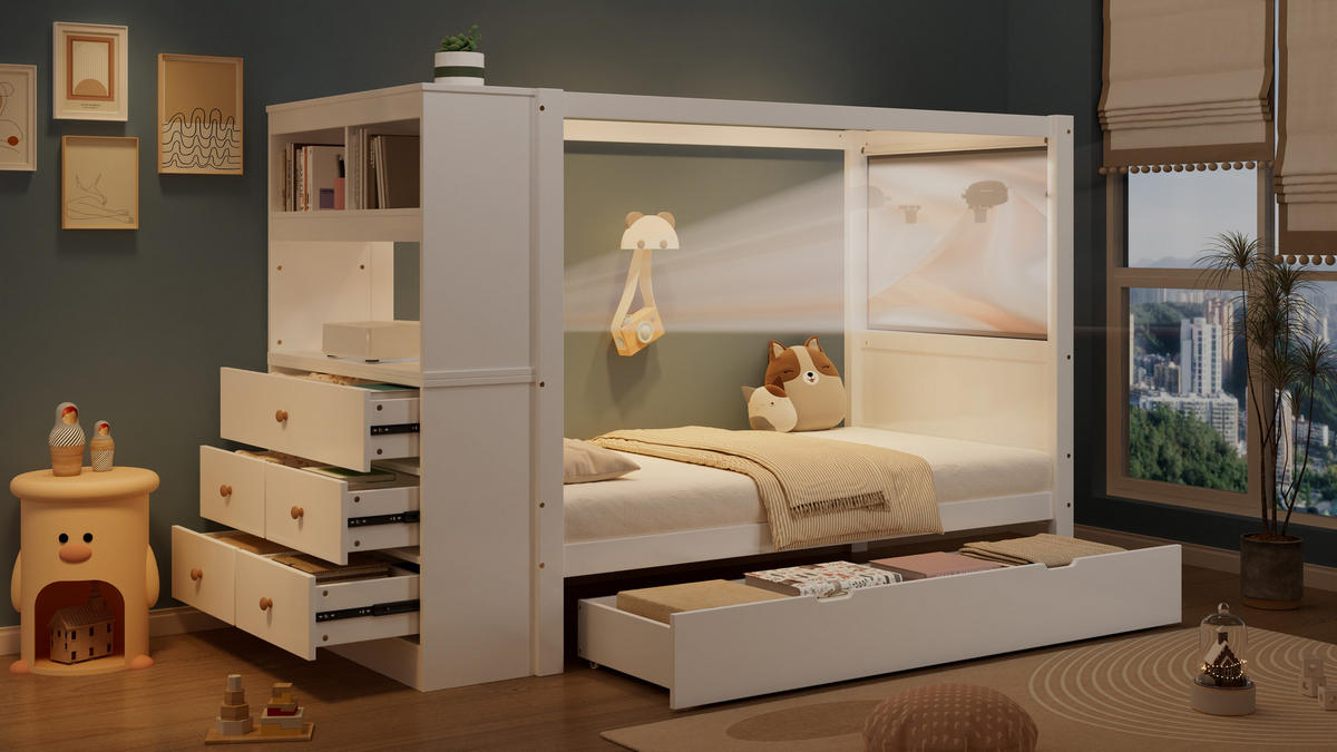 HOCHBETT 90×200 cm aus Massivholz & MDF mit Schubladen und Schreibtischbereich, weiß - Weiß, Holzwerkstoff (90/200cm) - Luhomfu