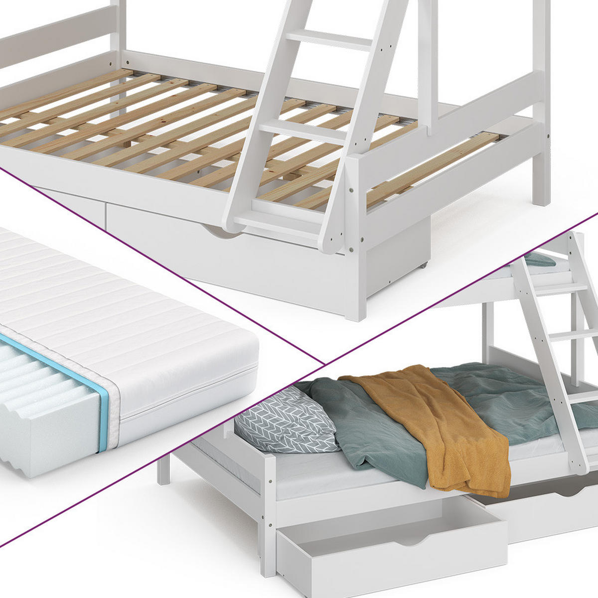 ETAGENBETT Everest Weiß 140x200/90x200 cm mit 2 Matratzen und 2 Schubkästen - Weiß, Holz (140/200cm) - VitaliSpa