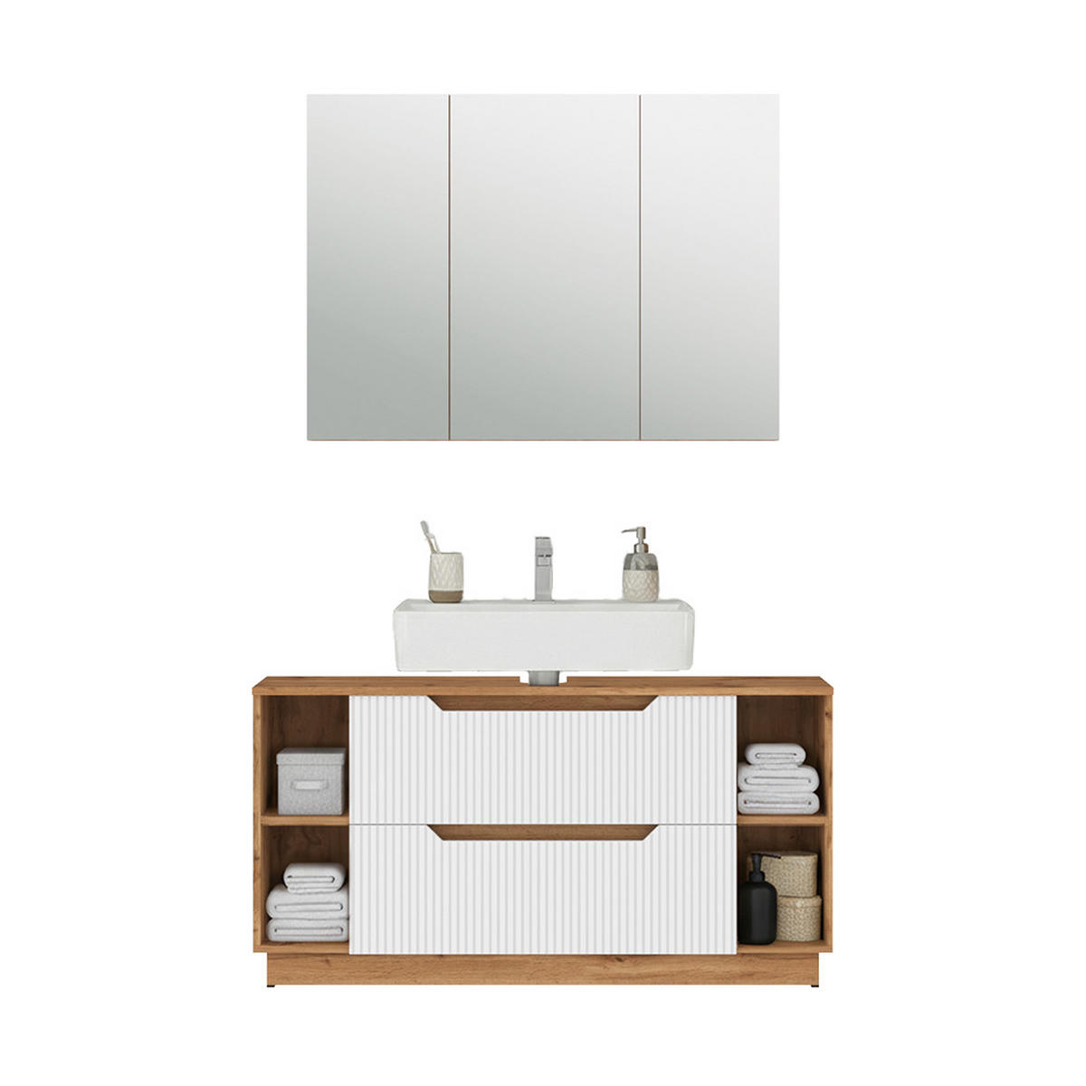 BADMÖBEL-SET Lotta Eiche/weiß gestreift 2 Teile - Eichefarben/Weiß, Holzwerkstoff (119.2/62.5/35cm) - Vicco