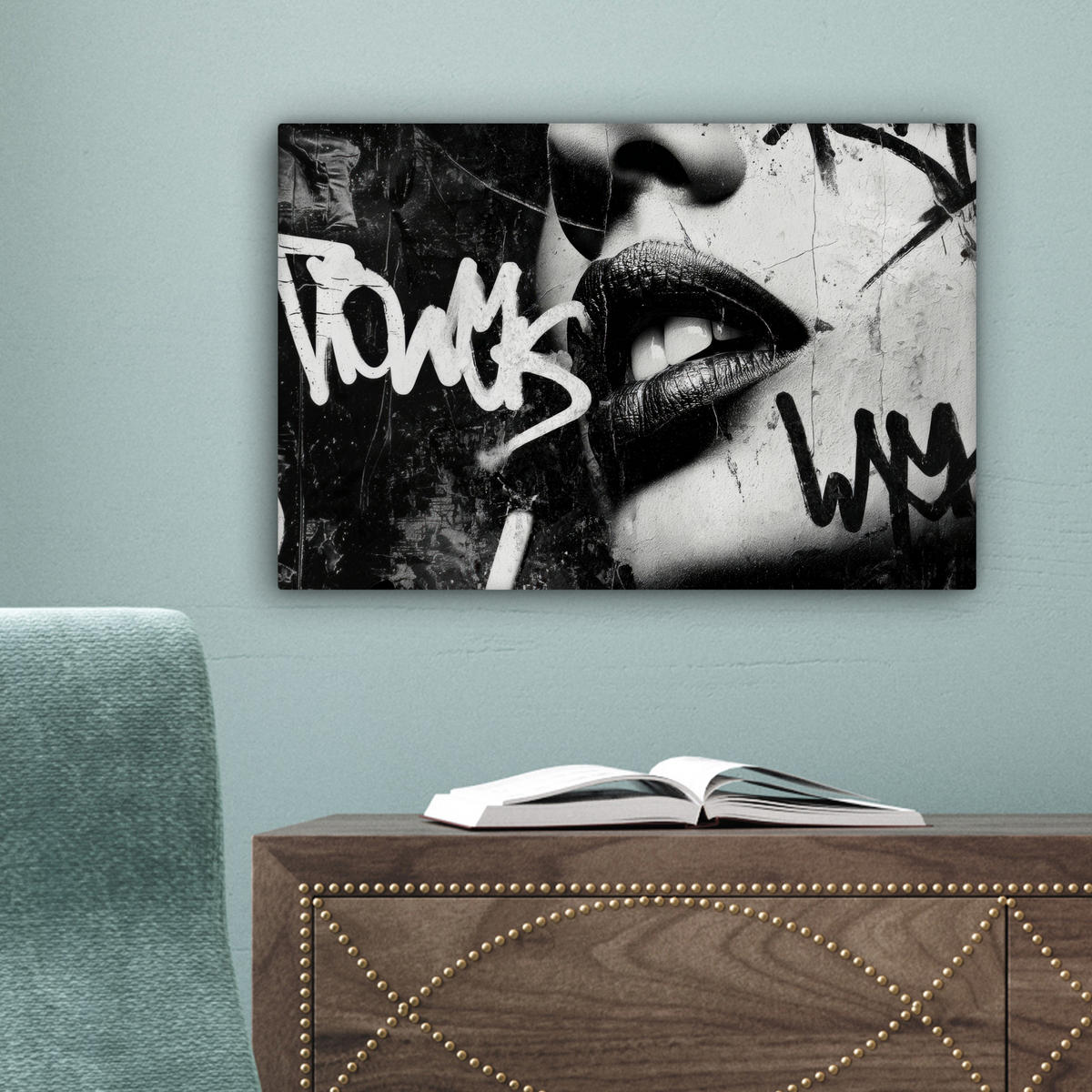 LEINWANDBILD Gesicht - Mund - Graffiti - Schwarz Deko Schlafzimmer 30x20 cm - Schwarz, Textil (30/20cm) - MuchoWow