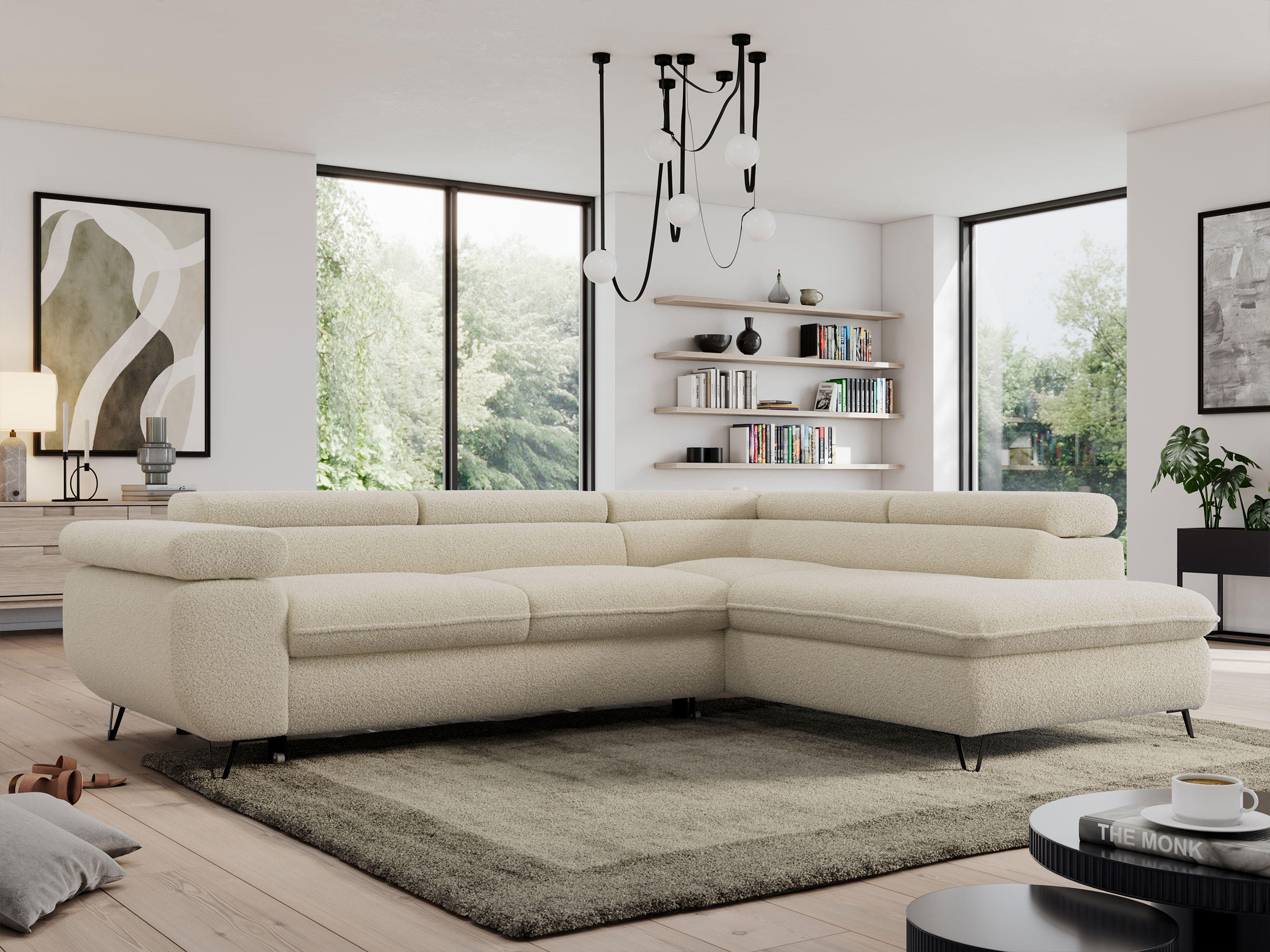 ECKSOFA PEDRO L Beige Boucle - Rechts Seite - Beige/Schwarz, Textil/Metall (273/208cm) - MKS