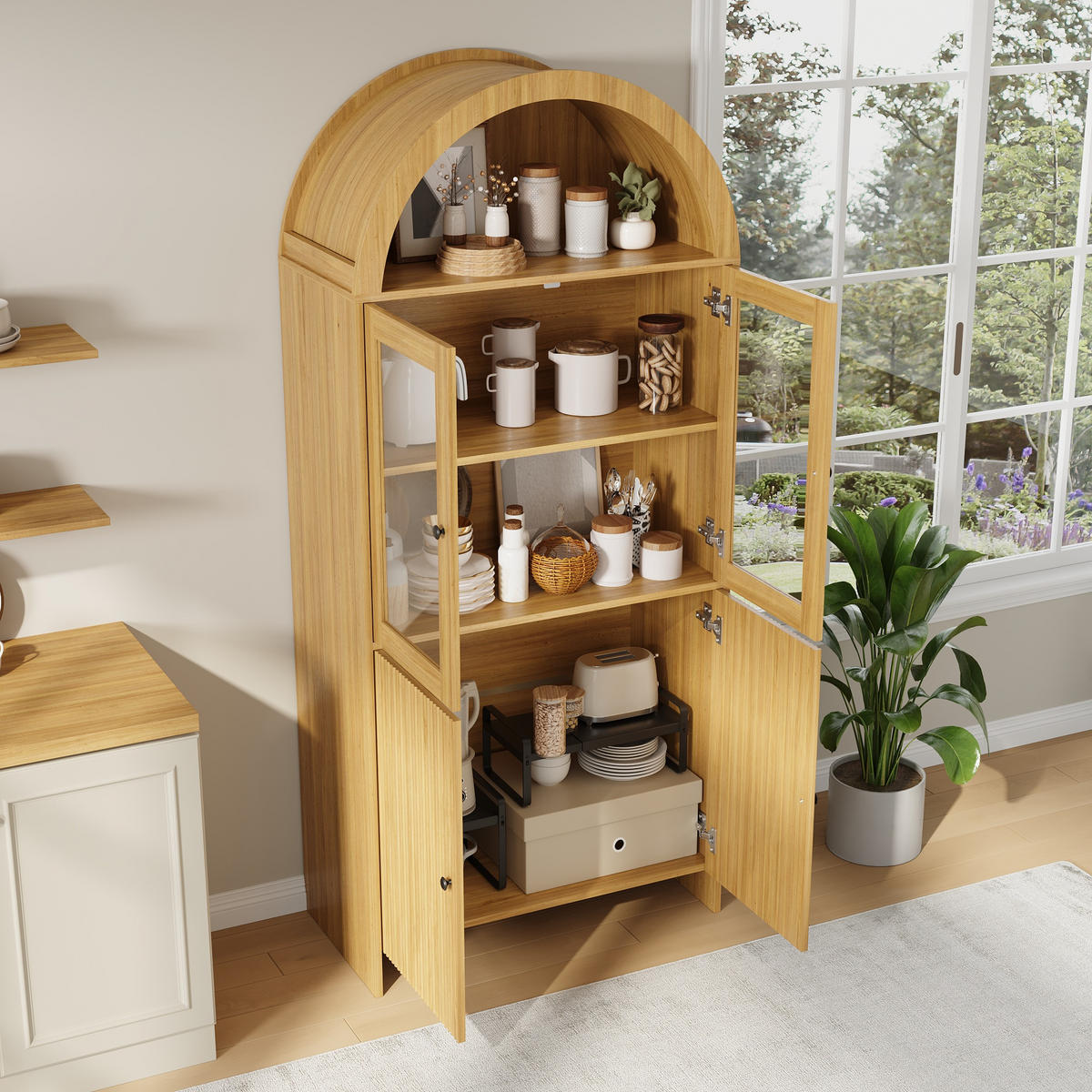 VITRINENSCHRANK Bogendecke Glas Türen Wellenmuster Weiß - Naturfarben, Holzwerkstoff (40/176/78cm) - FLIEKS
