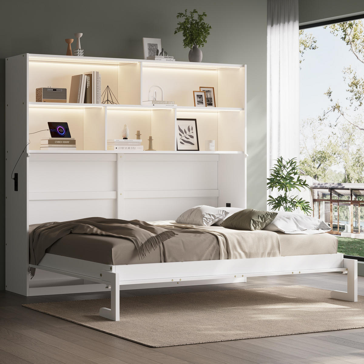 SCHRANKBETT 90/200 cm DE-32829 umwandelbar mit LED und USB Weiß - Weiß, Holzwerkstoff (90/200cm) - ComfortXL