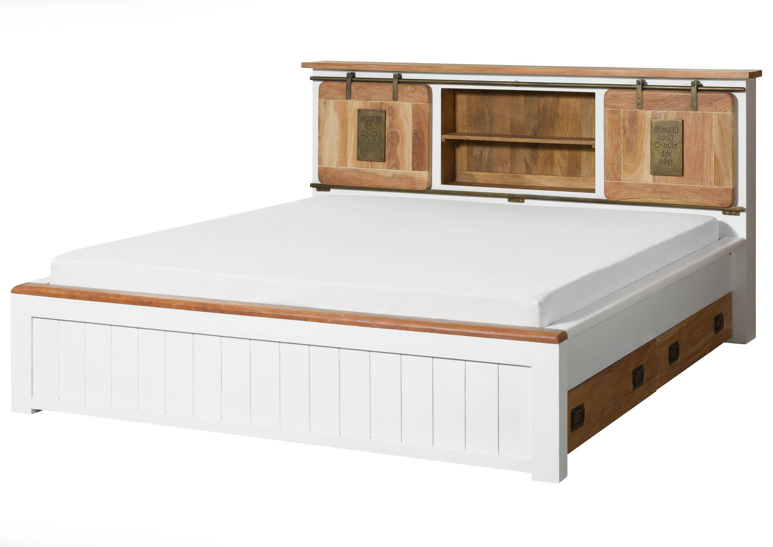 BETT mit Schublade Massivholz Mango 180 x 200 x 107 weiß RAILWAY #572 - Weiß, Holz (180/200cm) - Massivmoebel24