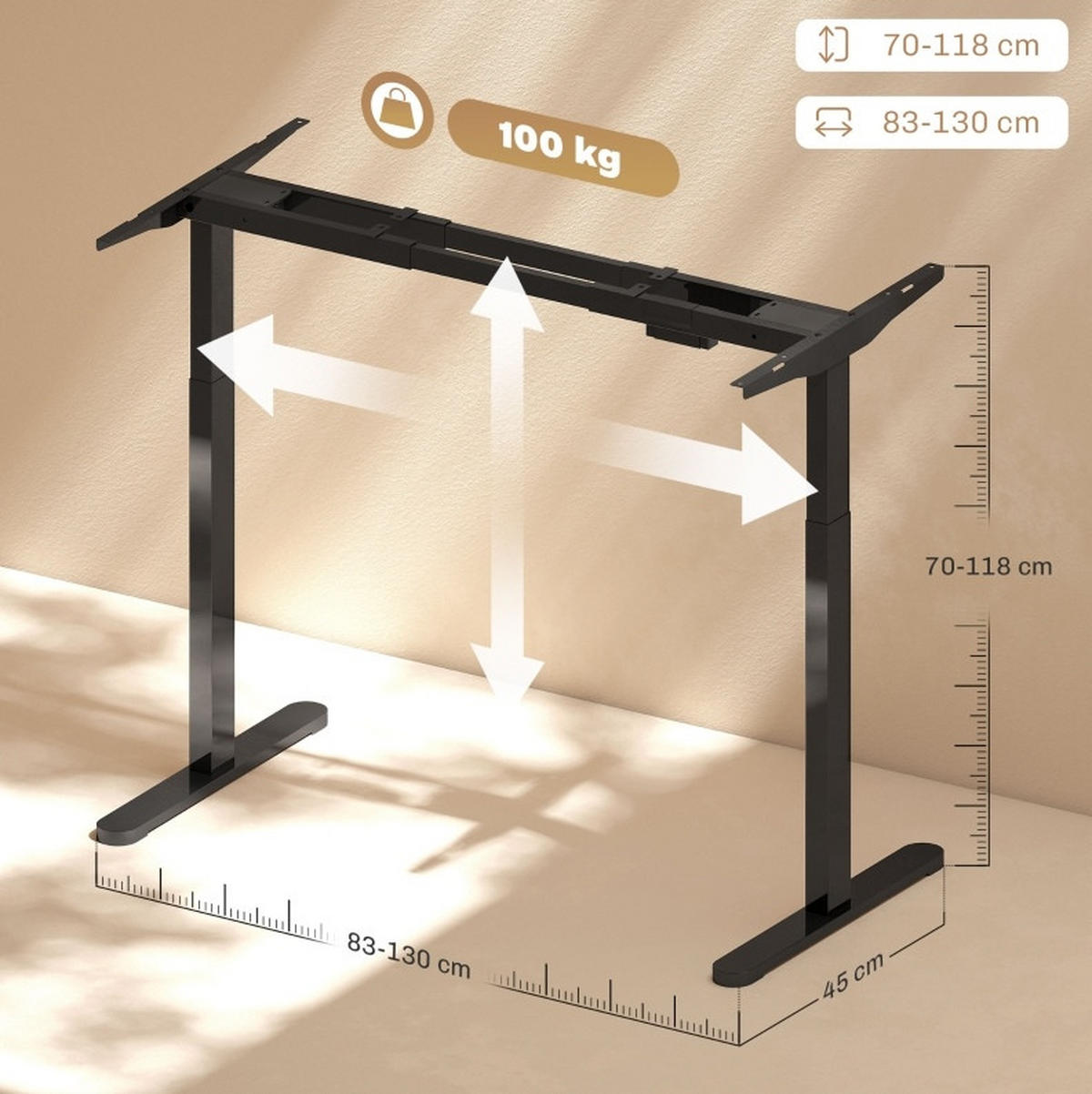 SCHREIBTISCHGESTELL höhenverstellbar Stahl Black - Schwarz, Metall (83/45/118cm) - Meubliv