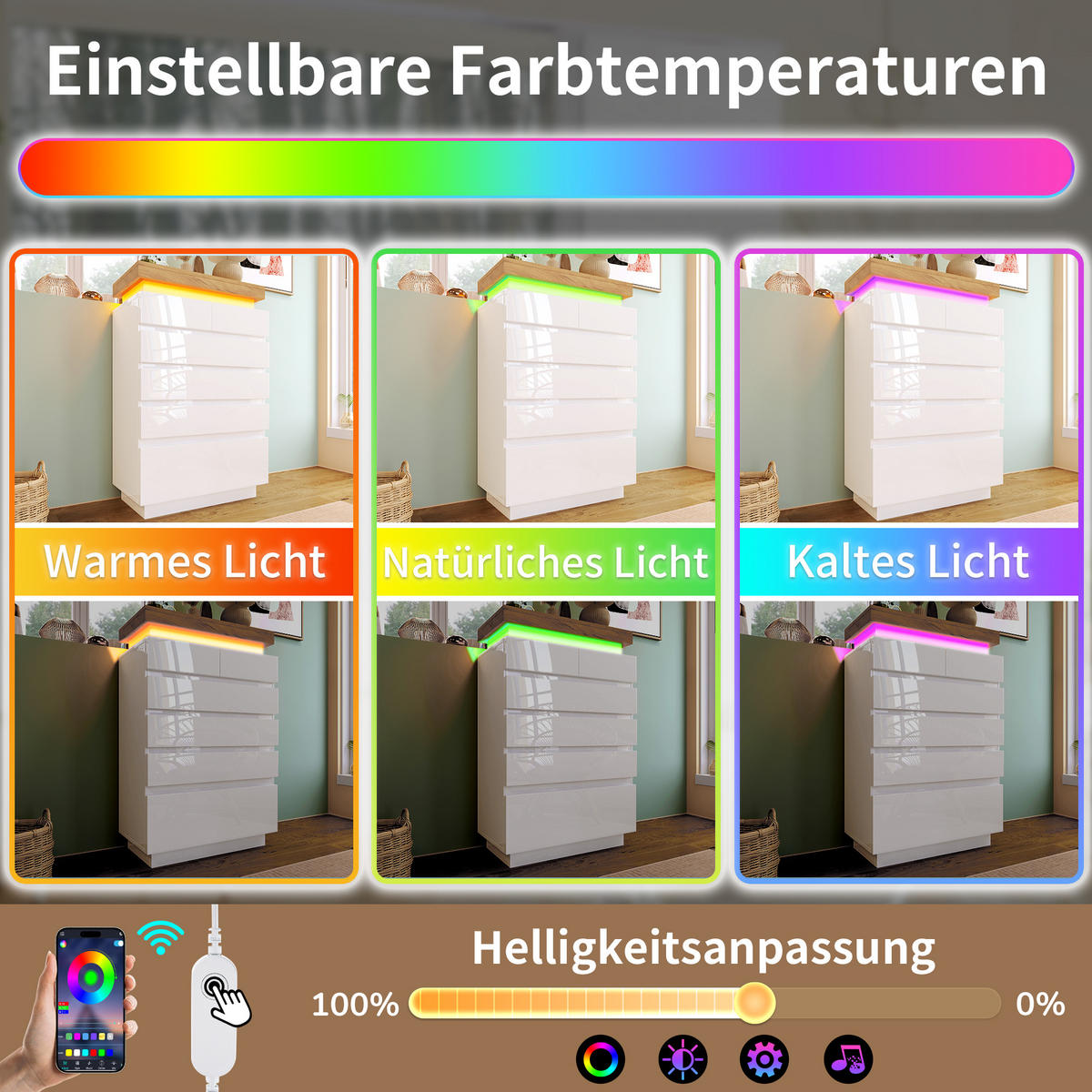 KOMMODE LED Hochglanz grifflos Touch/App 6 Schubladen 15kg leise Schienen Kippsicherung - Weiß, Holzwerkstoff (73/115/39cm) - EVRYAE