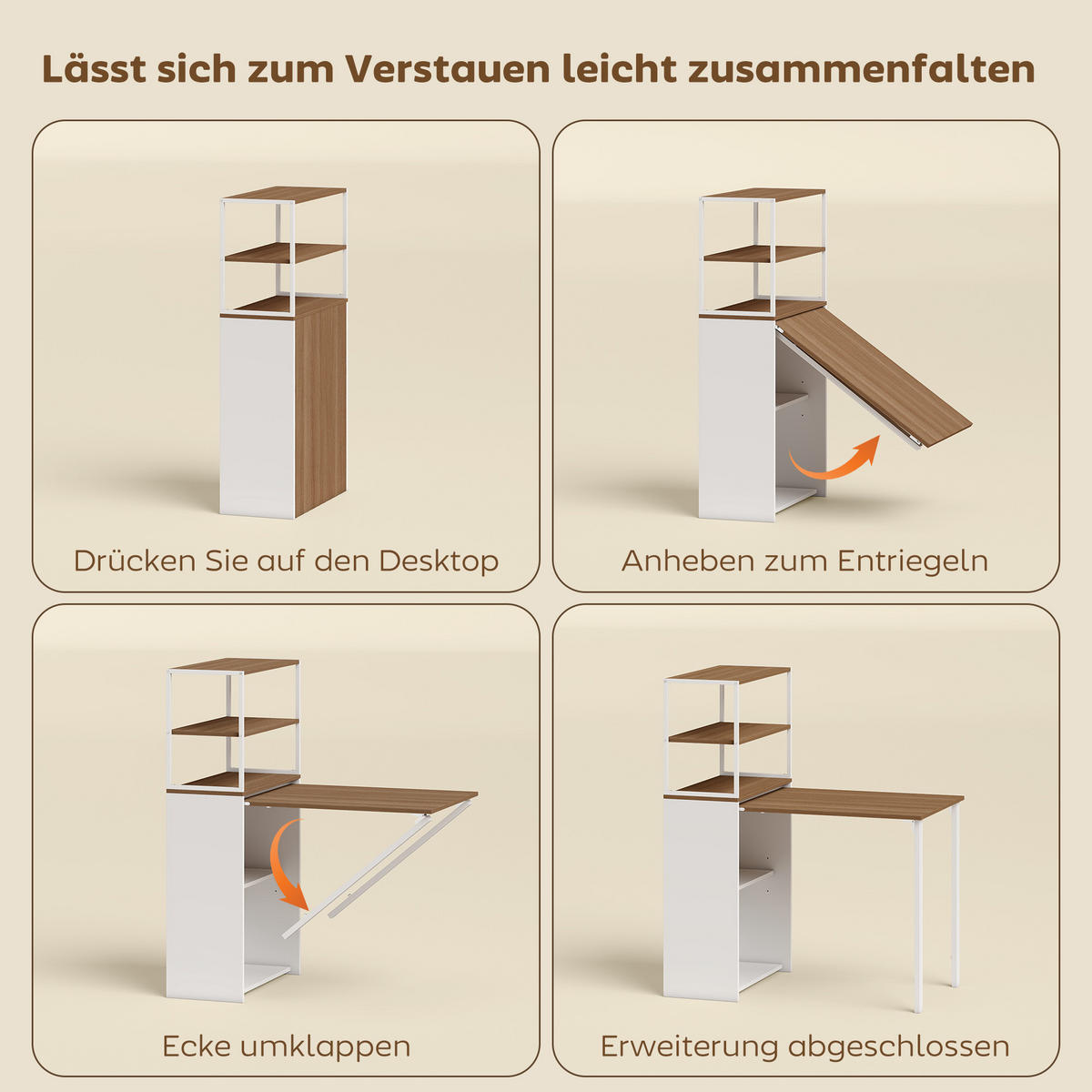 SCHREIBTISCH klappbar mit Regal Naturholz 105 x 60 x 127 cm - Weiß/Naturfarben, Holzwerkstoff/Metall (105/60/127cm) - HOMCOM