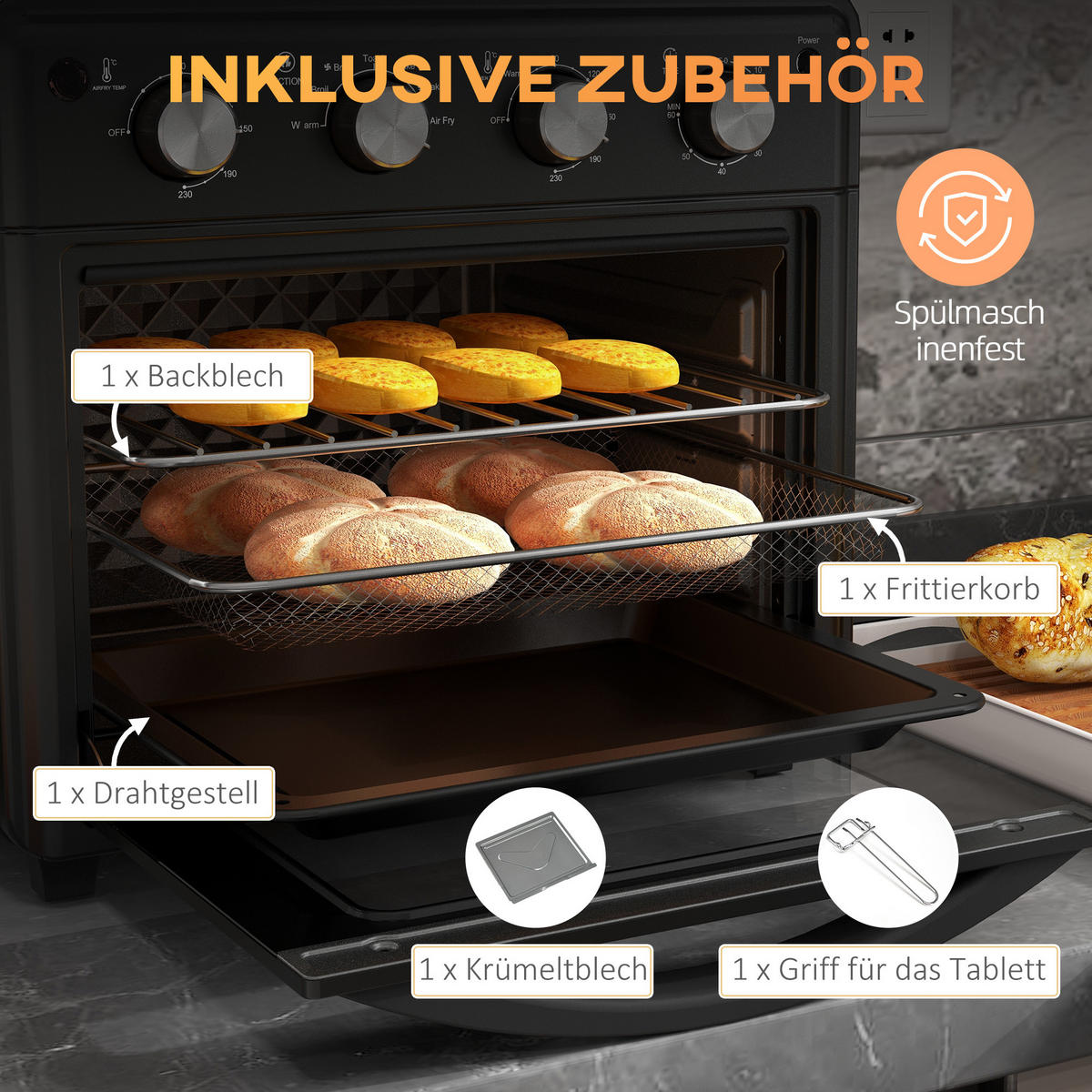 MINIBACKOFEN 30L mit Umluft & Heißluftfritteuse, 7 Modi Mini Ofen mit Backblech, Grillrost, Frittierkorb & Timer - Schwarz, Metall (43/39/39cm) - Beaface