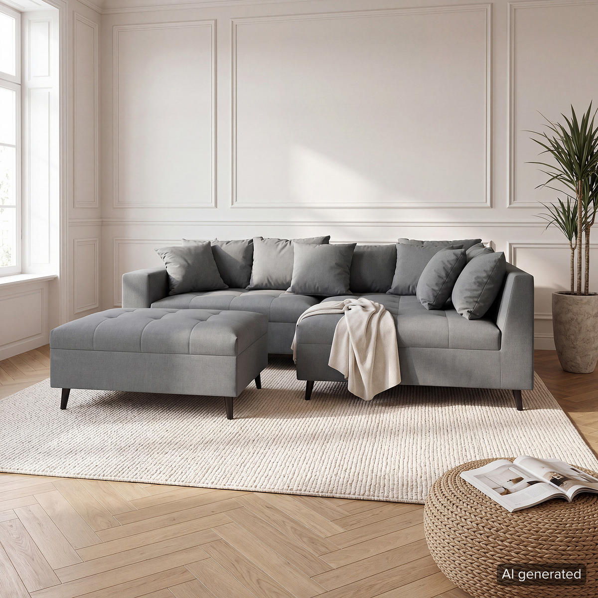 ECKSOFA mit Hocker - Anthrazit, Holz/Birkenholz (247/174cm) - home24