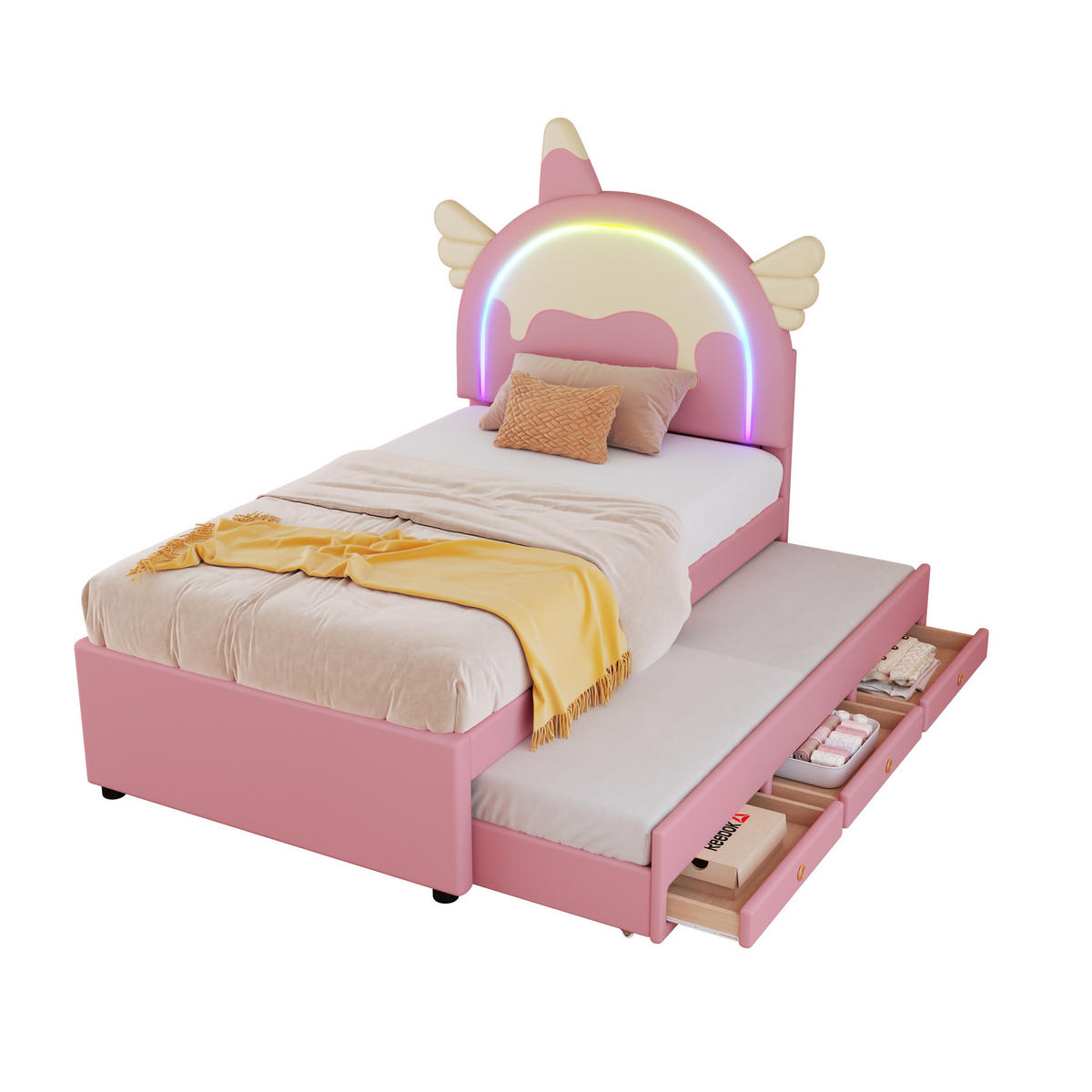 AUSZIEHBETT 90/200 cm DE-04592 in Einhornform mit Rollbett in Rosa - Pink, Holzwerkstoff (90/200cm) - ComfortXL