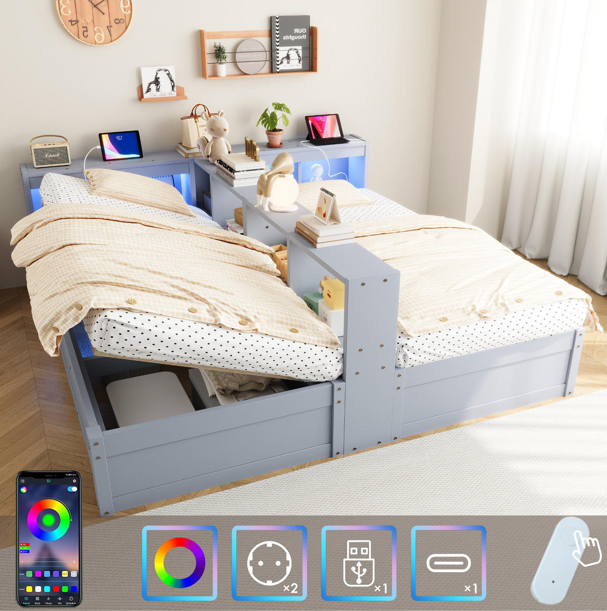 BETT 90/180/200 cm aus MDF mit LED-Lichtleiste, Grau - Grau, Holzwerkstoff (90/200cm) - OKMYHOME