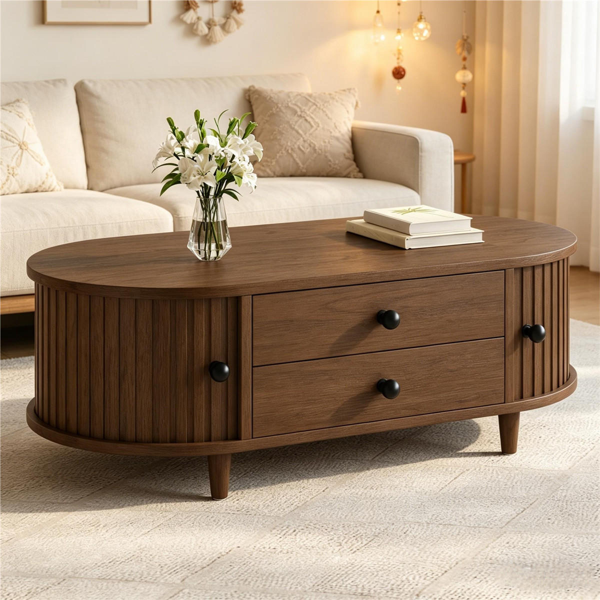 COUCHTISCH Walnuss 100/50/36 cm Schiebetüren Schubladen - Walnussfarben, Holz (50/100/36cm) - Kaket