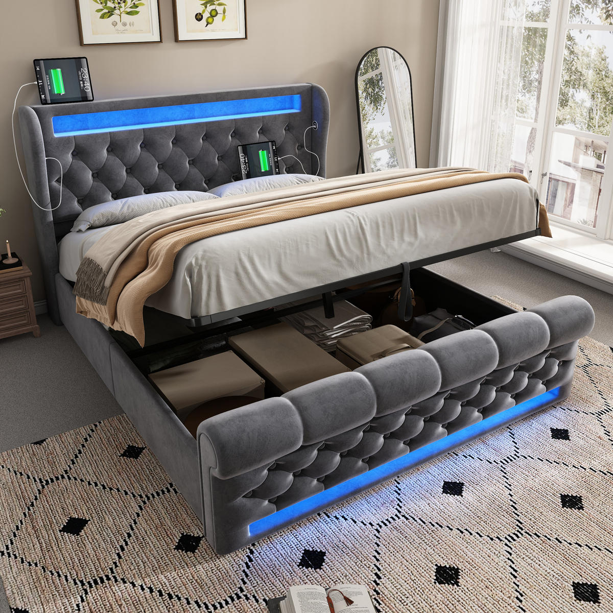 POLSTERBETT 160/200 cm Grau aus Samt mit LED und Stauraum mit Matratze - Grau, Textil (160/200cm) - OKWISH