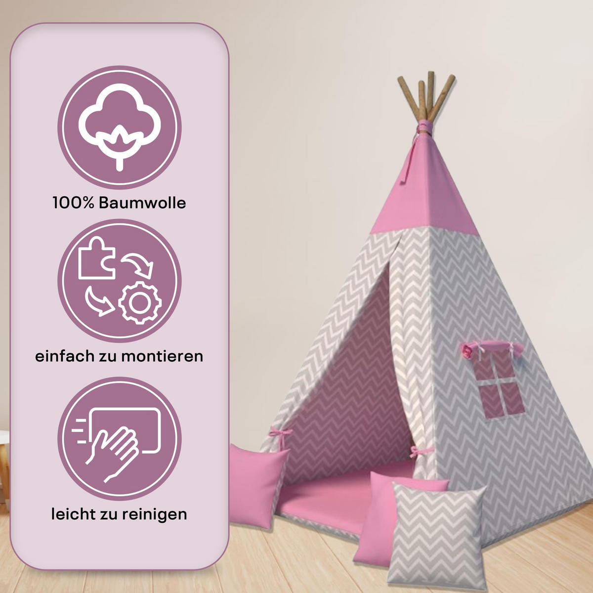 TIPI-ZELT 105 x 105 x 140 cm Zickzack rosa mit weichen Kissen | Spielzelt für Kinderzimmer Indoor - Pink, Textil (105/105cm) - Best for Kids
