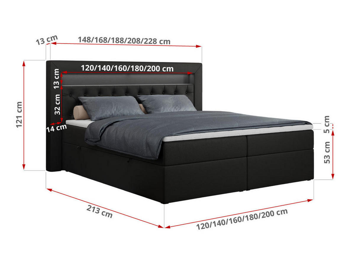 BOXBETT GOLD-6 LED 160/200 Schwarz Kunstleder - H3 - Schwarz, Holz/Textil (160/200cm) - MKS