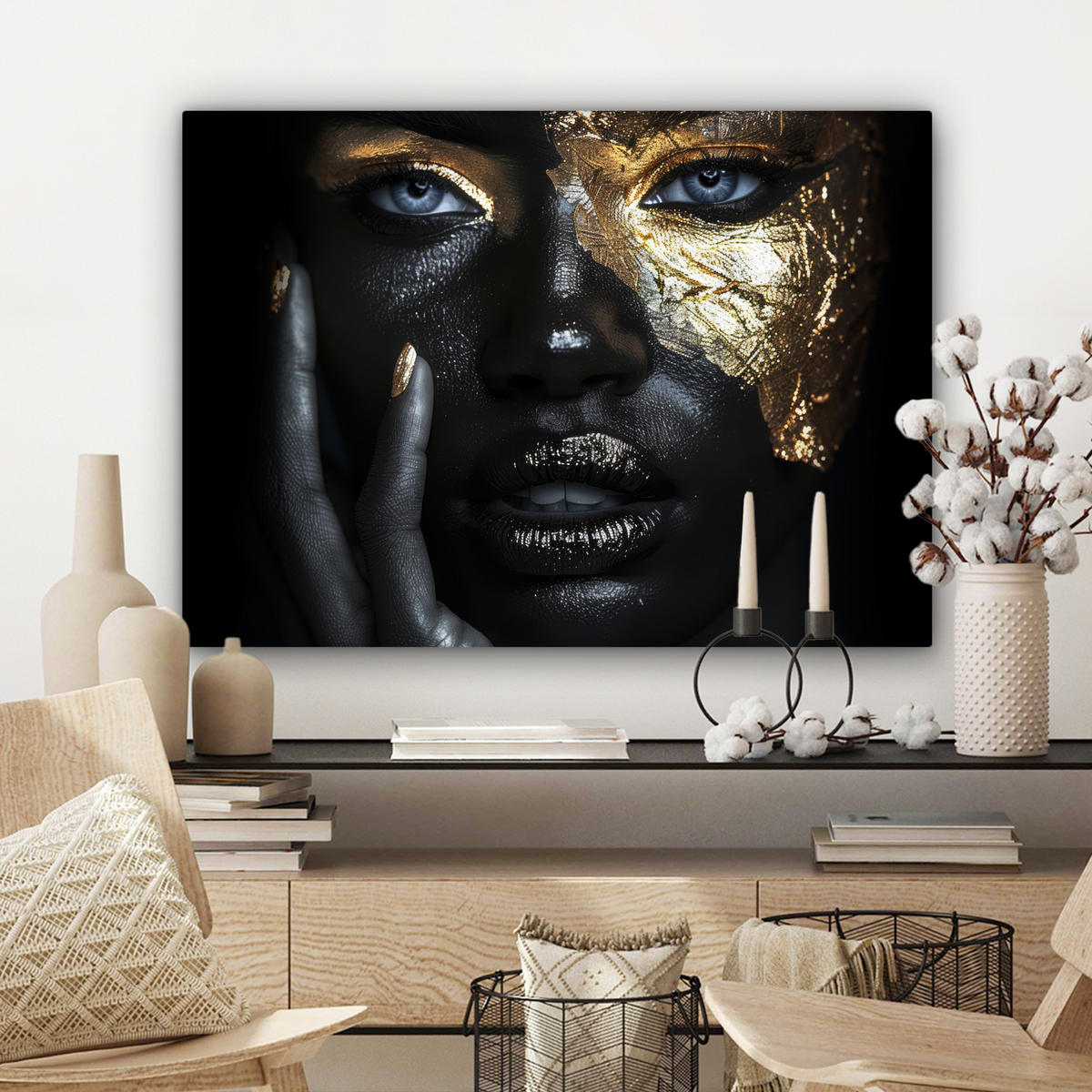 LEINWANDBILD Frau - Gold - Porträt - Schwarz-Weiß - Luxus Wandbilder 80x60 cm - Hellblau, Textil (80/60cm) - MuchoWow