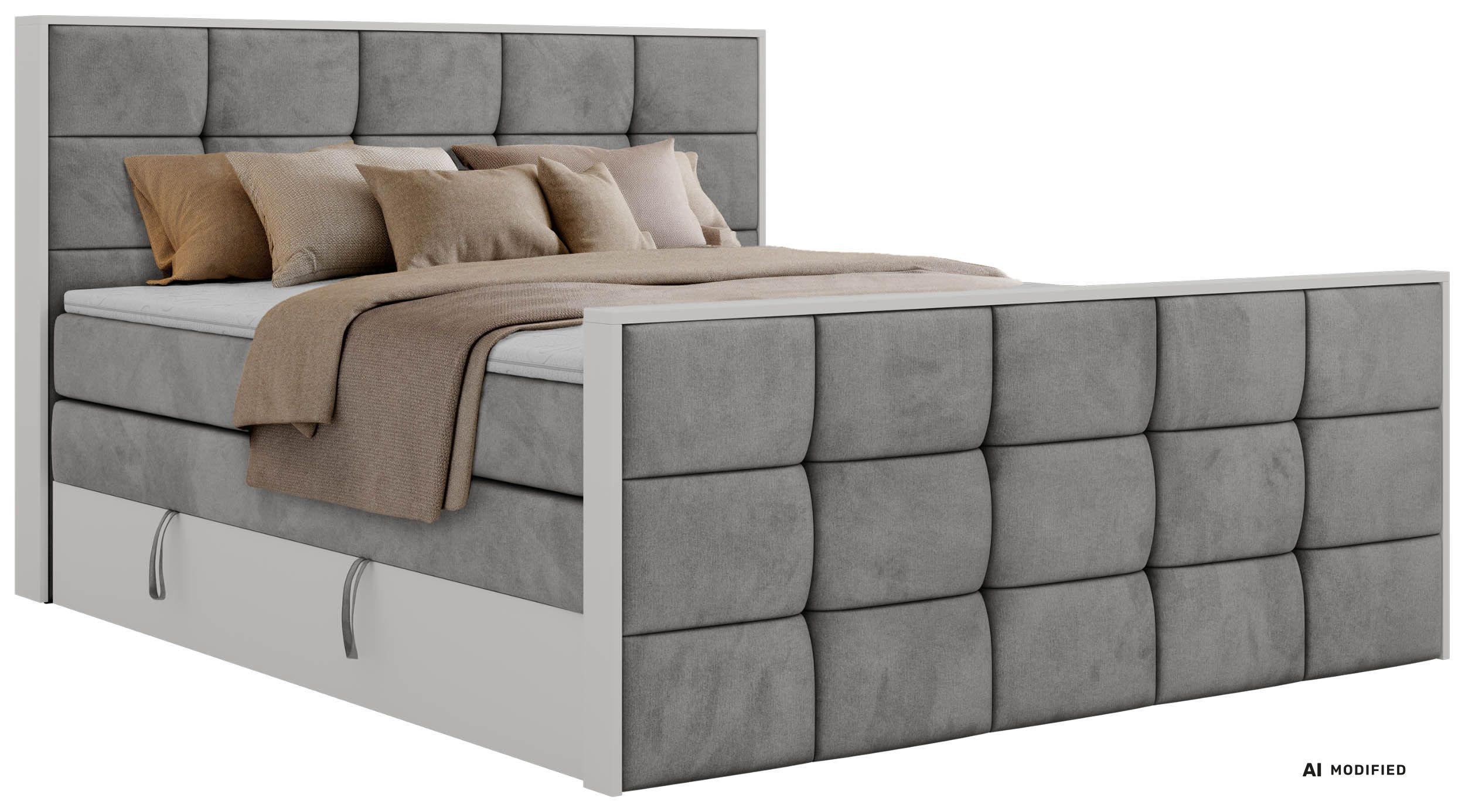 BOXSPRINGBETT ALVIT KING DUO 180/200 - Hellgrau Velvet - Topper Visco - H4 - Hellgrau/Schwarz, Kunststoff/Textil (180/200cm) - MKS