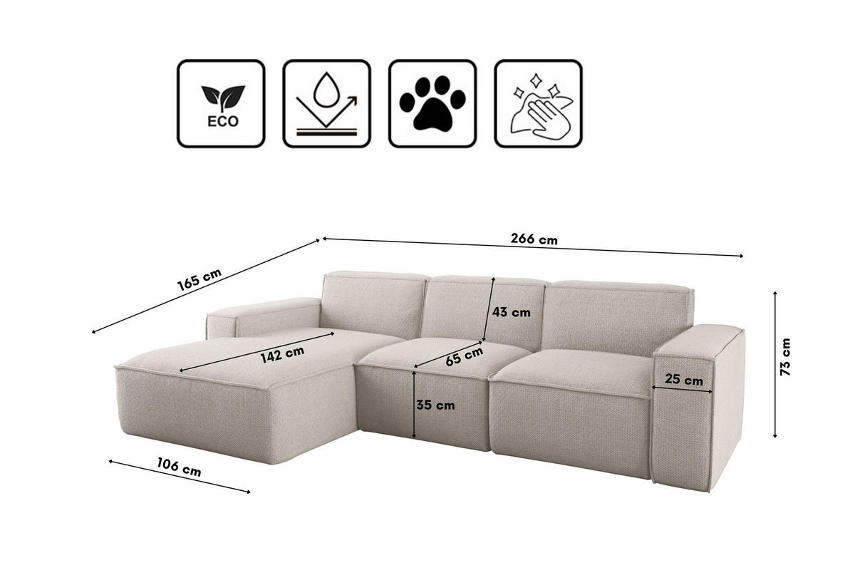 ECKSOFA L-Form Siena Stoff Artico Nata Links - Ecru, Holz (165/266cm) - Kaiser Möbel