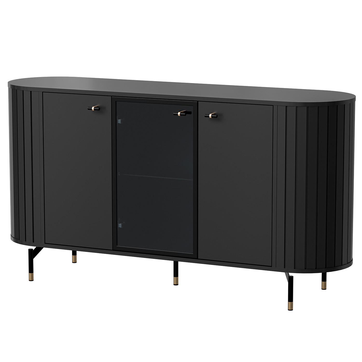 KOMMODE Zalia mit 3 Türen, Glastür und Stauraum, 150 cm, im Retro-Stil, Schwarz - Schwarz, Holzwerkstoff (150/81/40cm) - Beautysofa