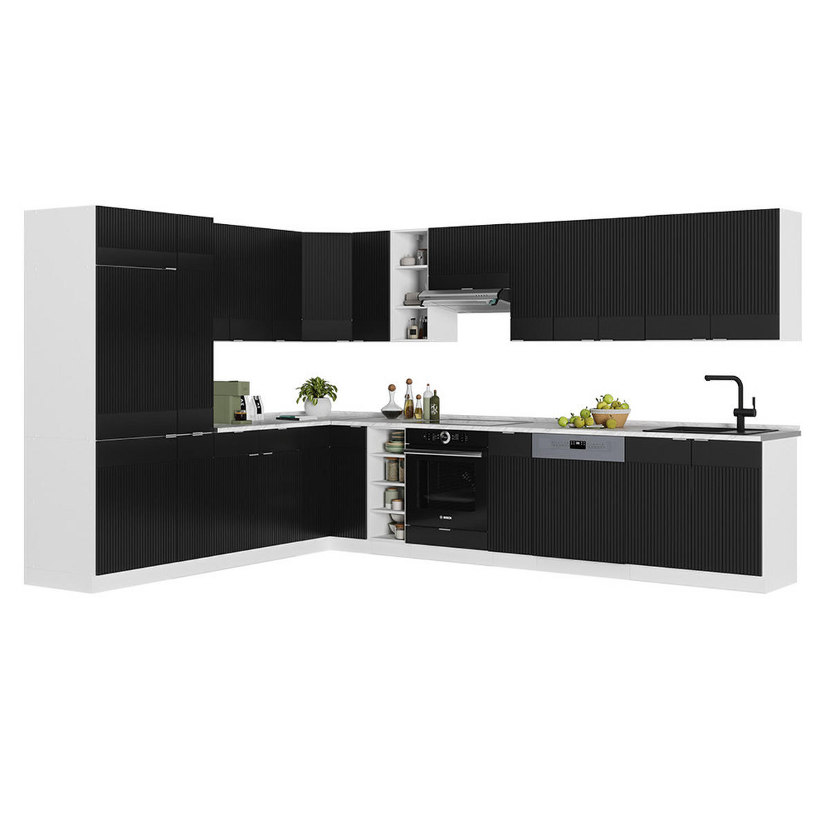 ROHOVÁ KUCHYNĚ Fame-Line, černé pruhy/bílá, 347 x 257 cm, dub AP - černá, kompozitní dřevo (347/81.6/60cm) - Vicco