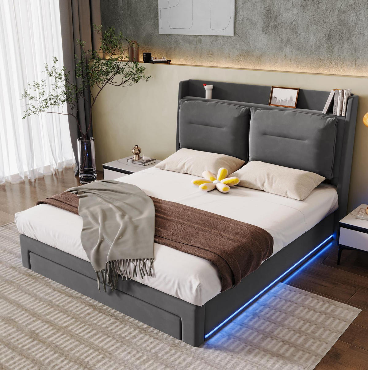 POLSTERBETT 160/200 cm Dunkelgrau mit hydraulischem Bettkasten und LED-Beleuchtung - Dunkelgrau, Textil (160/200cm) - OKWISH