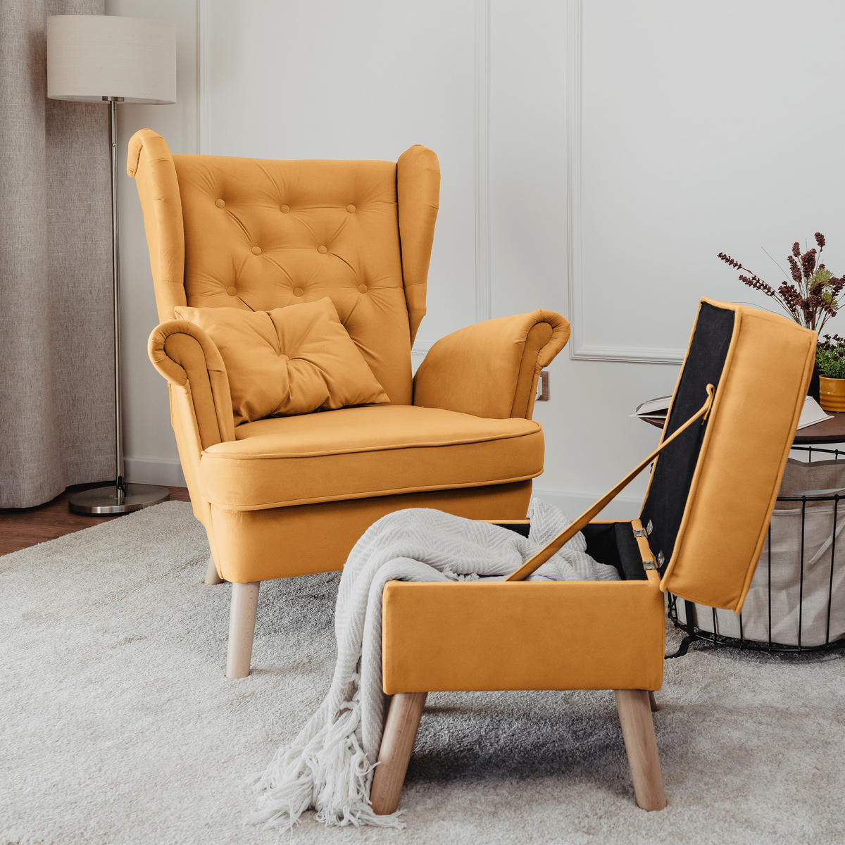 SESSEL mit Fußhocker Classic - Gelb, Holz (92/107/80cm) - Idohome