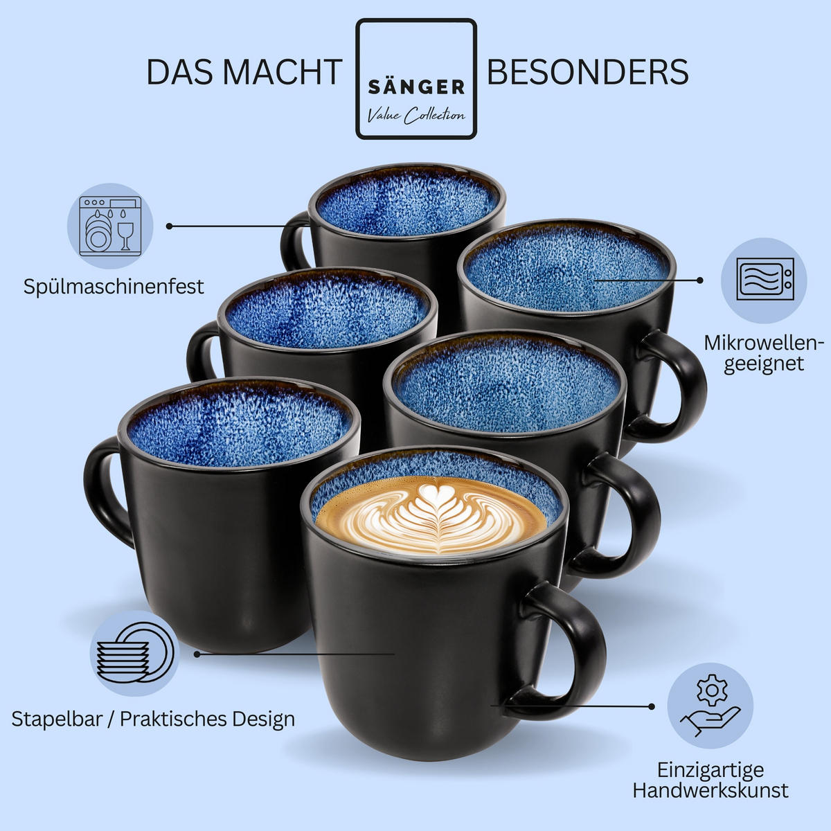 KAFFEEBECHER SET Aruba - 6 teilig aus Steingut - Blau, Keramik (0.43L) - Sänger