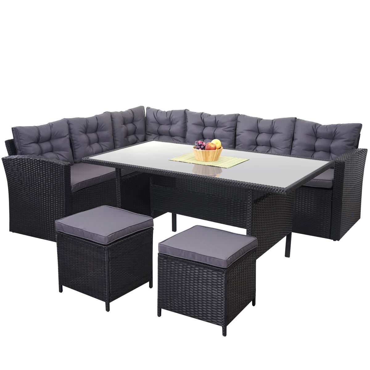 POLY-RATTAN-GARNITUR + HOCKER Schwarz 4er-Set - Schwarz, Kunststoff - MCW