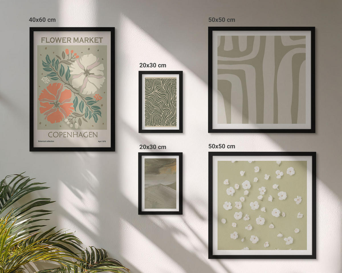BILDER SET 5er Set - 50x50 cm & 20x30 cm & 40x60 cm Schwarzer Rahmen - Abstrakte Boho-Muster - Schwarz, Kunststoff (40/60cm) - TULUP
