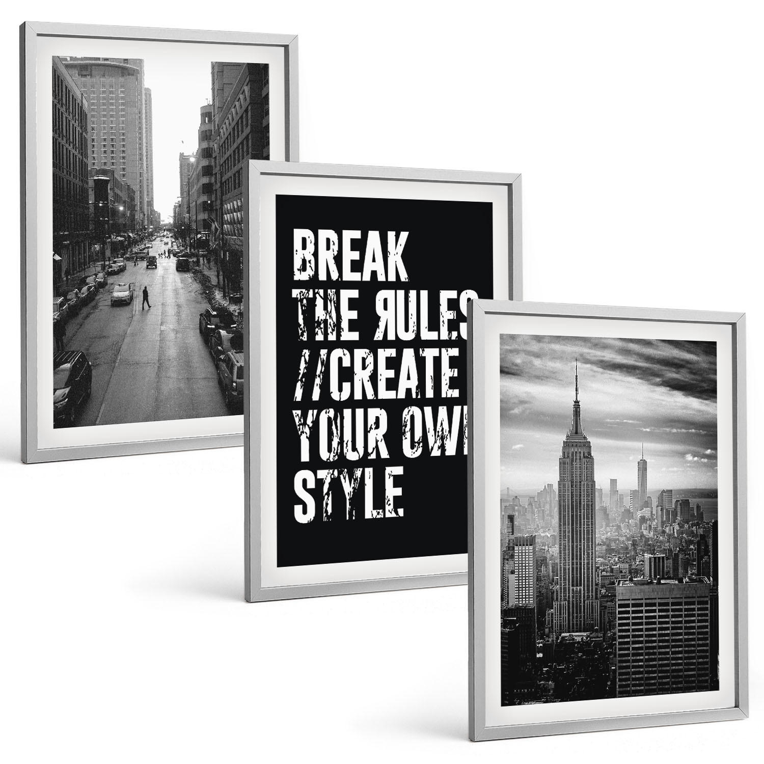 BILDER SET 3er Set - 40x60 cm Silberner Rahmen - Inspiration für Schwarz-Weiß-Darstellungen von Stadtstraßen - Silberfarben, Kunststoff (40/60cm) - TULUP