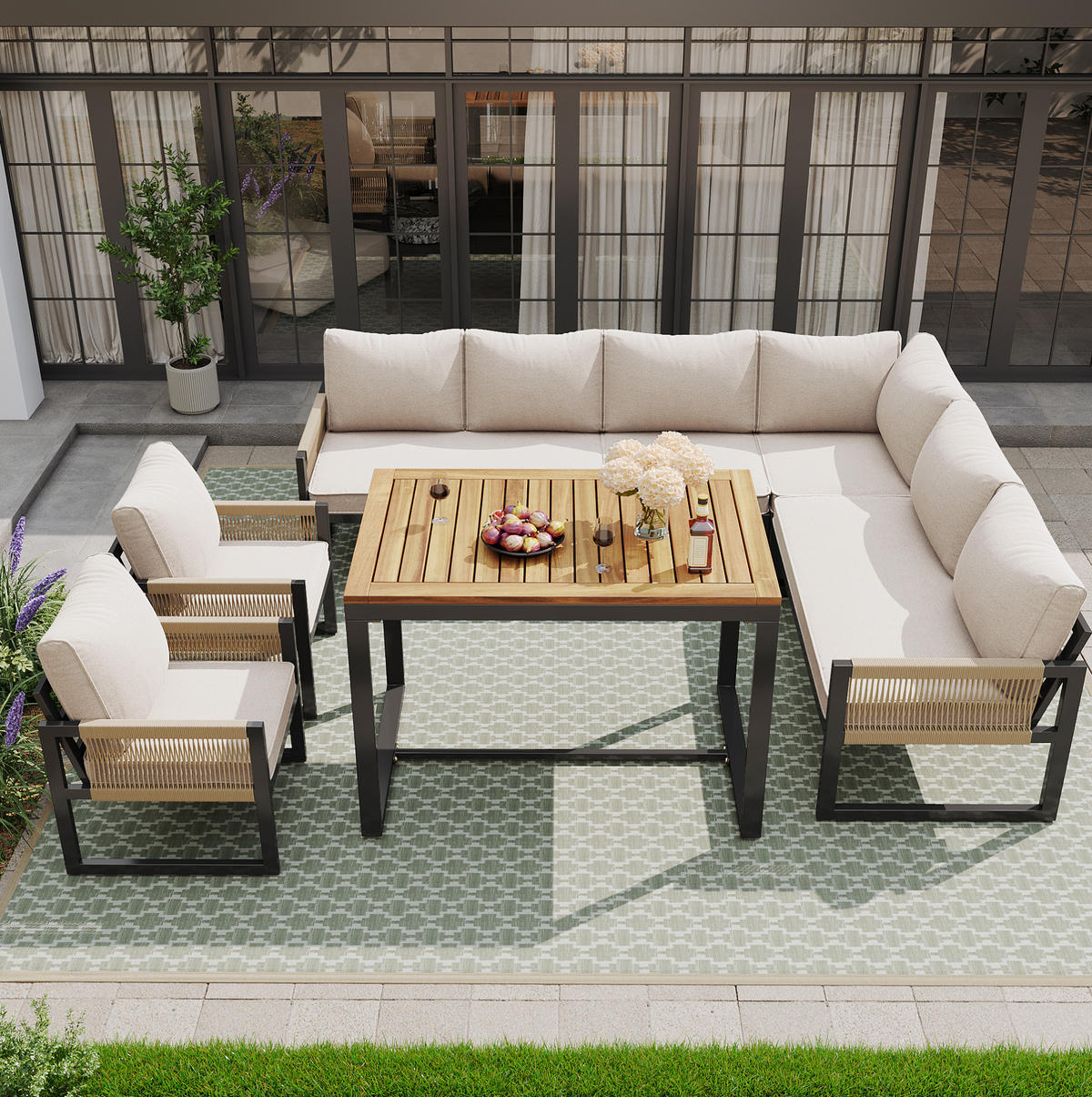 GARTENMÖBEL-SET mit Tisch & modularen Sitzen, 100/58/67 cm, Beige - Beige, Metall - Redom