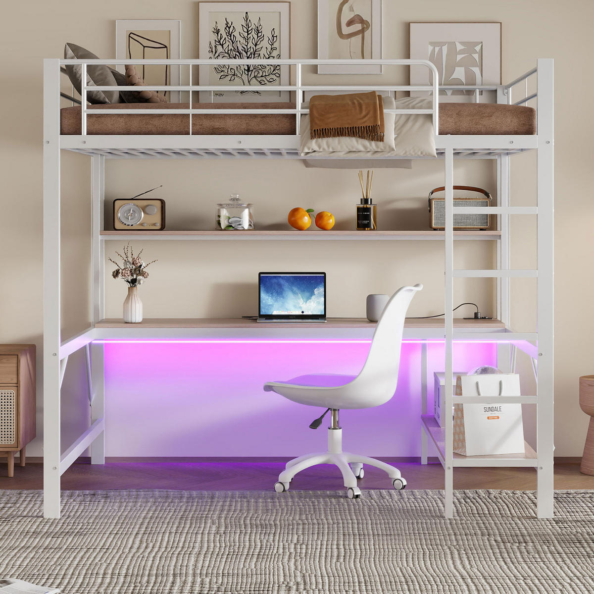 HOCHBETT 140/200 cm mit Schreibtisch, Regal, USB, Steckdose und LED-Beleuchtung aus Metall/MDF, Weiß - Weiß, Metall (140/200cm) - Redom