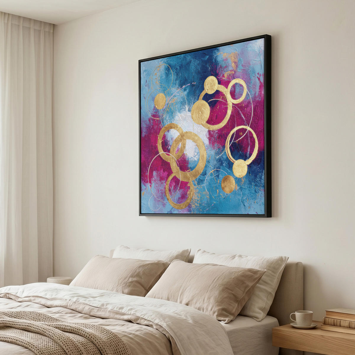 LEINWAND Bilder mit Rahmen - Kreise - Gold - Abstrakt - 90x90 - Blau, Textil (90/90cm) - MuchoWow