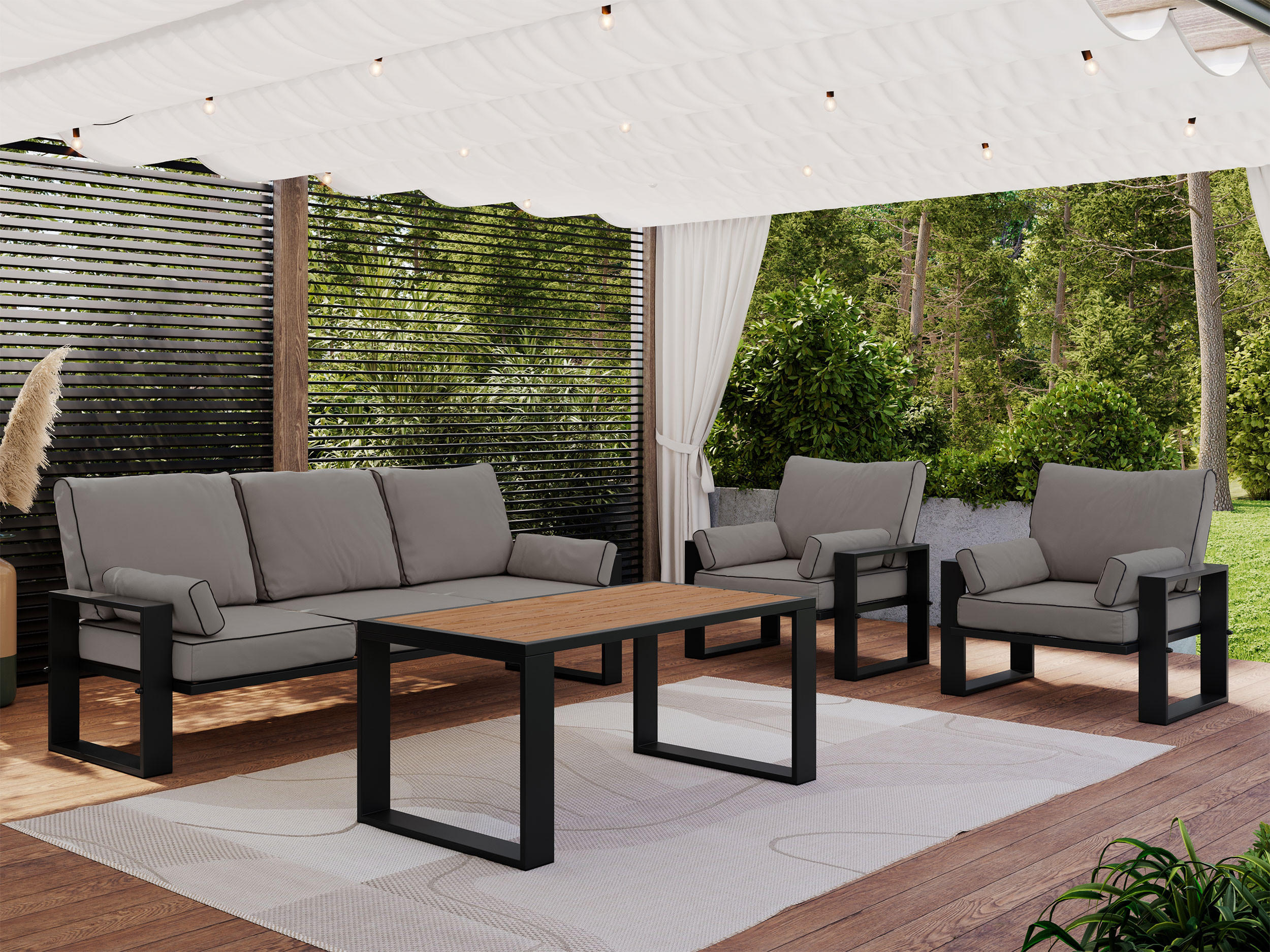 GARTENMÖBEL-SET ELBA:  1x Tisch, 1x Sofa, 2x Sessel - Grau - Grau, Textil - MKS