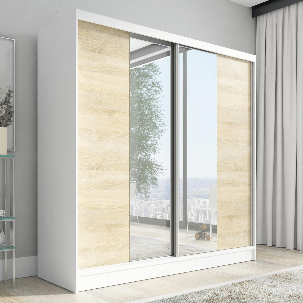 SCHWEBETÜRENSCHRANK 200 CM DUO Farbe: Weiß | sonoma - Weiß/Braun, Holzwerkstoff (200/215/60cm) - A&J MöbelLand