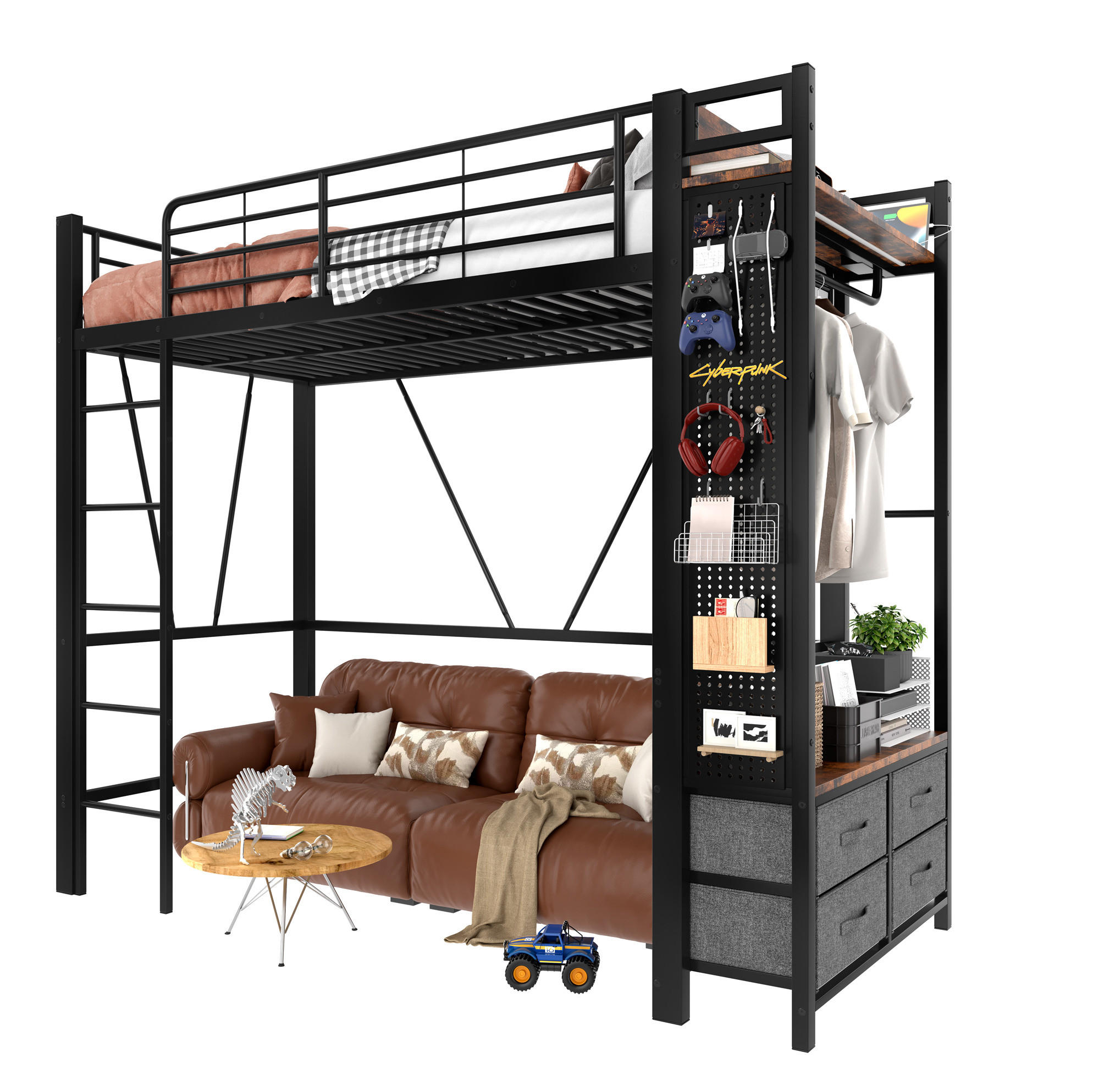 HOCHBETT 90/200 cm in Schwarz – mit Stauraum, LED und USB/Type-C - Schwarz, Metall (90/200cm) - BEAOK