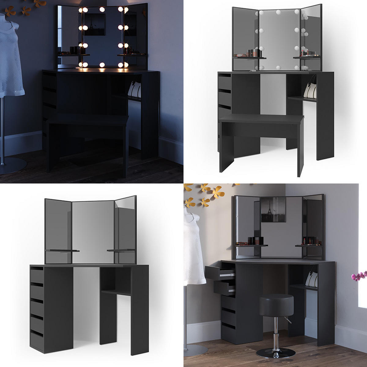 ECKSCHMINKTISCH Arielle Schwarz 110 cm - Schwarz, Holzwerkstoff (110/141.5/54cm) - Vicco
