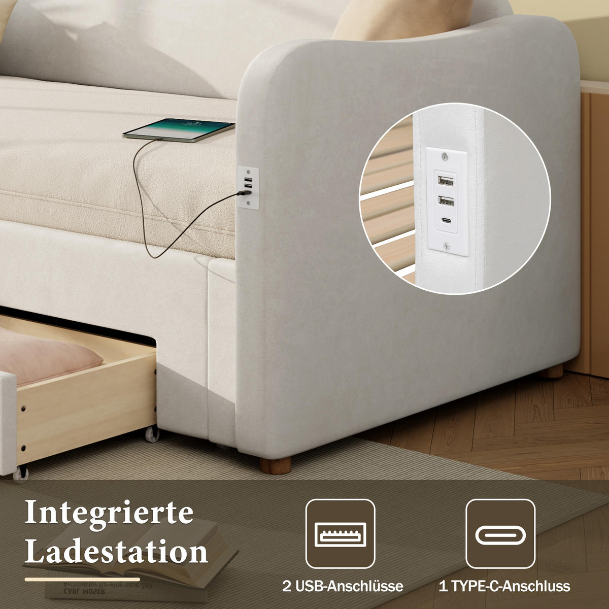 DAYBETT Beige Samt 90x200 ausziehbar 180 USB Schubladen - Beige, Textil (90/200cm) - FLIEKS