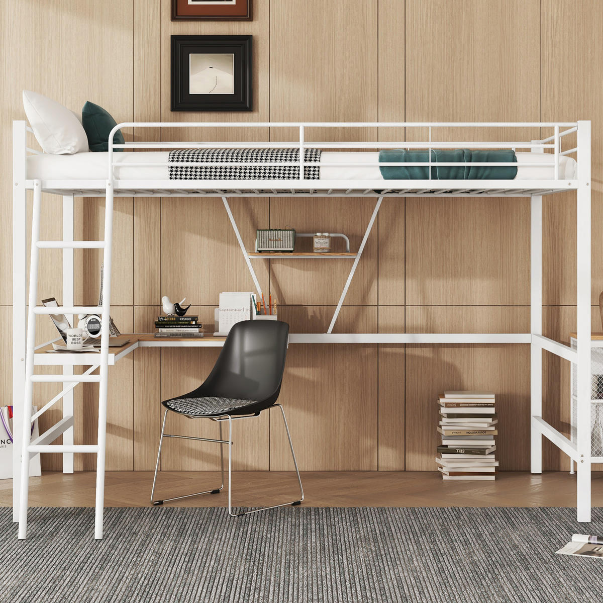 HOCHBETT 90/200 cm Weiß aus Metall mit Schreibtisch und Regal - Weiß, Metall (90/200cm) - OKMYHOME
