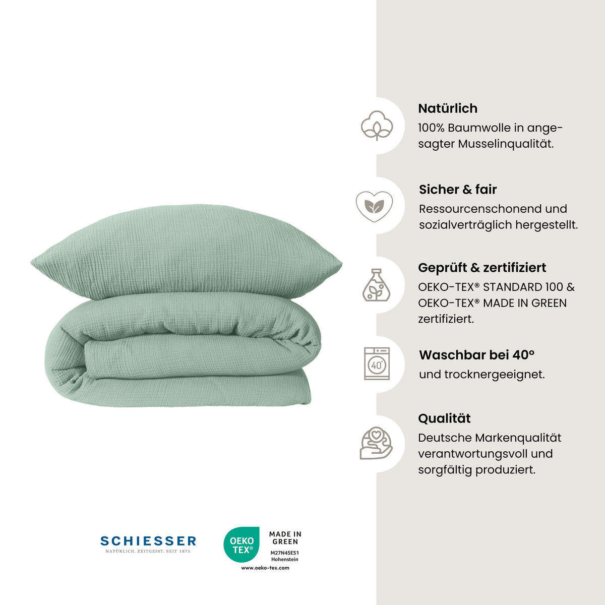 BETTWÄSCHESET Molly - Musselin - 2-teilig - 135 x 200 cm - Hellgrün - Hellgrün, Textil (135/200cm) - SCHIESSER