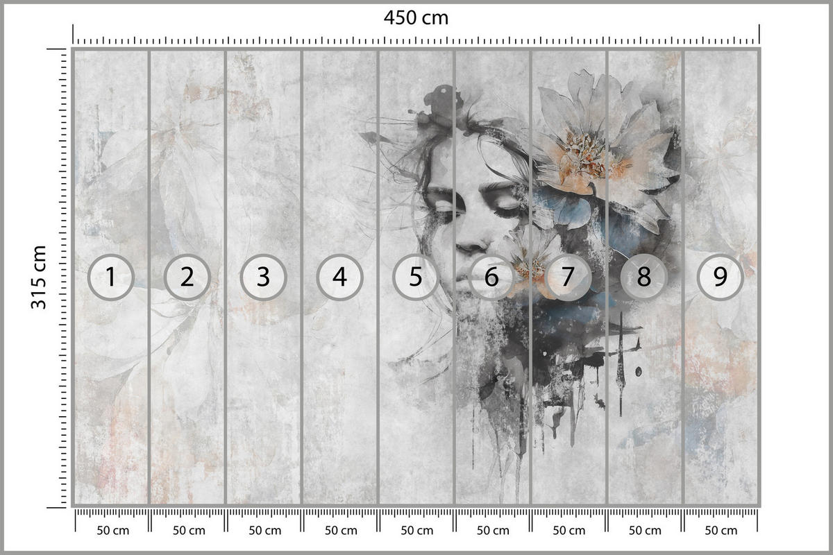 FOTOTAPETE für Wohnzimmer Gesicht Frau Grau Betonwand Blumen 450x315 - Grau, Papier (450/315cm) - Muralo
